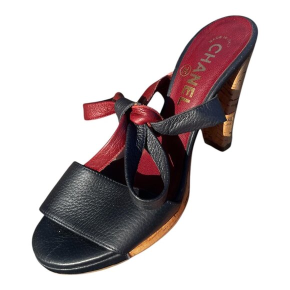 Chanel Shoes Blue Burgundy Cc Logo Cork Heel Leather Ankle Tie Size 6.5 - Picture 2 of 5